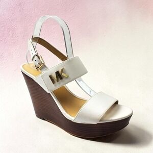 Michael Kors Womens White Leather MK Logo Wedge Platform Sandals PV20B Size 9.5M